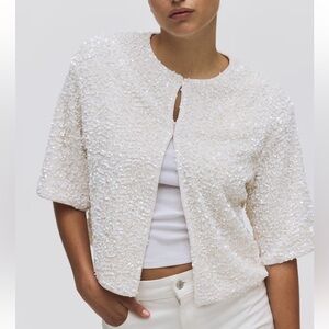 H&M NWT sequin short sleeve cropped cardigan off white ivory sequin & velvet